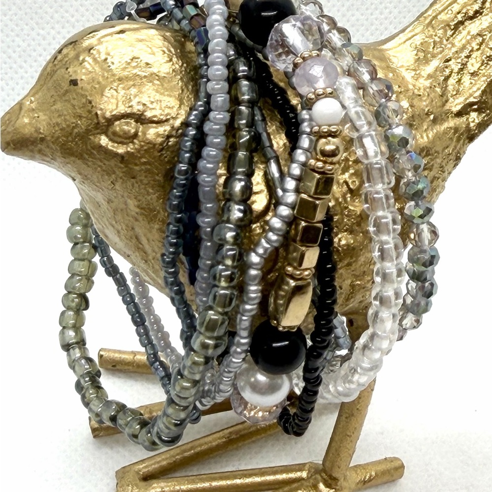 Multi-Strand Beaded Bracelet Stack - Gray, Black & Gold
